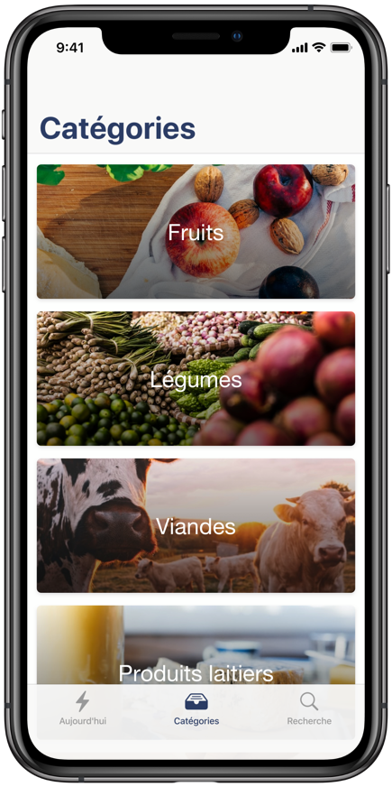 Smartphone displaying the app on the categories screen. Categories visible: fruits, vegetables, meat, dairy